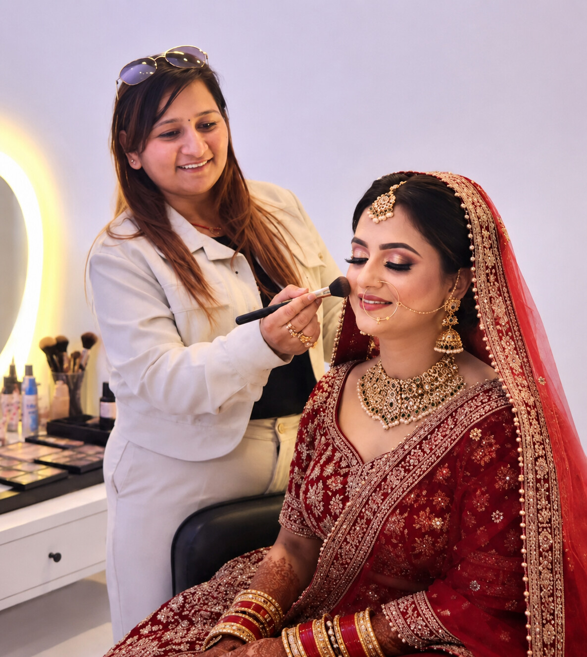 Sapna Kachawa creating a bridal makeup look